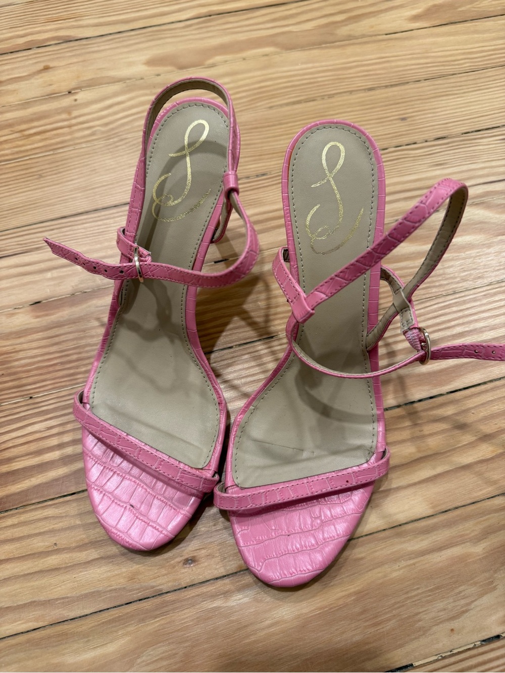 Sam Edelman Pink Croc-Texture Ankle Strap Heels